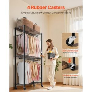 rolling clothes rack, heavy duty clothing garment rack, 3 adjustable tiers clothing racks with carbon steel, 450 lbs load capacity closet wardrobe for bedroom, clothing store, hallway