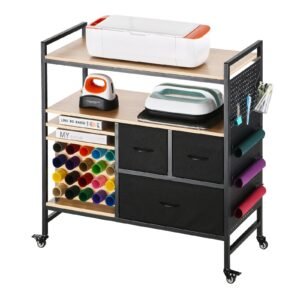 rolling craft cart and storage table compatible with cricut machines crafting table organization workstation craft rolling storage organizer with 20 vinyl roll holders and 3 drawers black 3.jpg