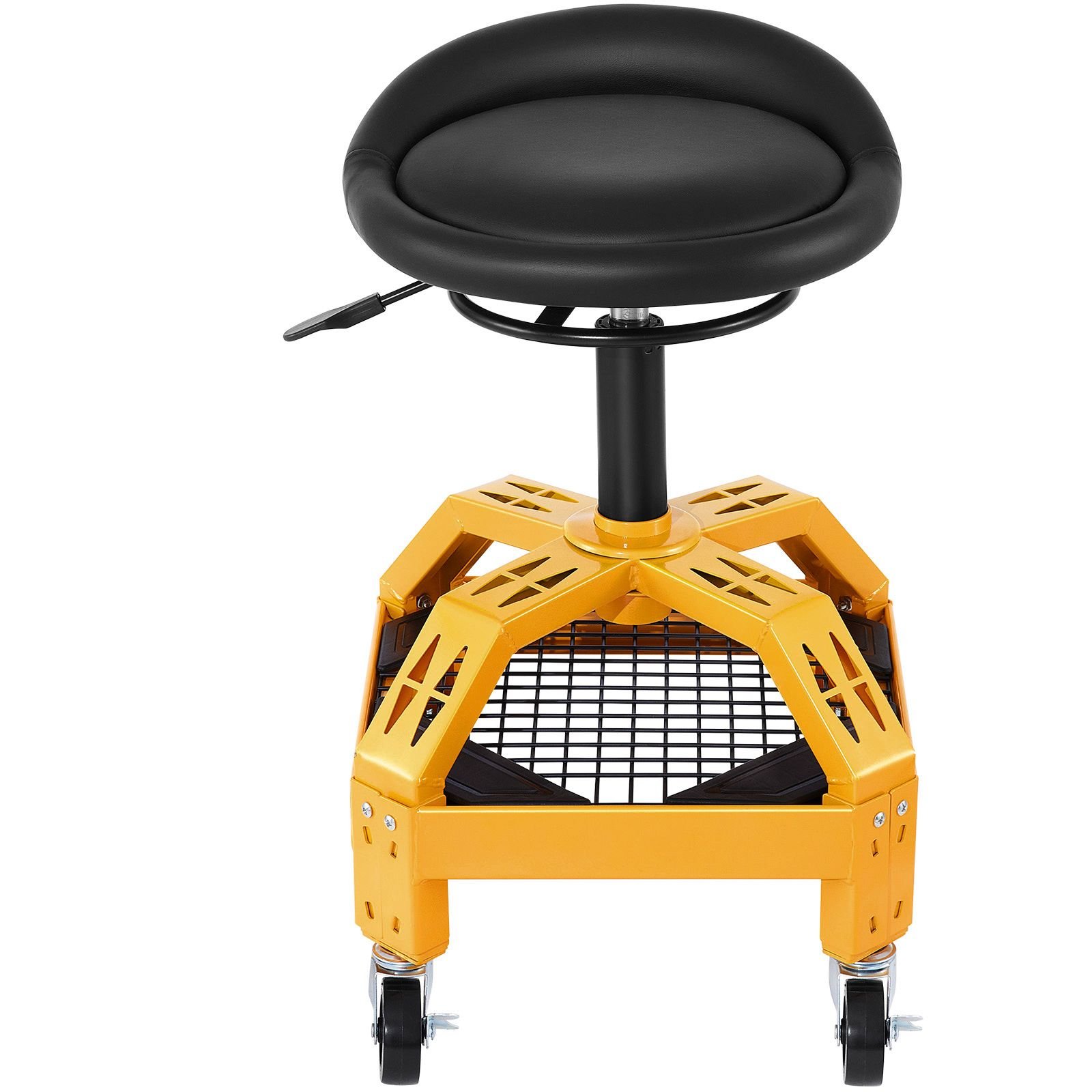 rolling garage stool, 300lbs capacity, adjustable height from 24 in to 28.7 in, mechanic seat with 360 degree swivel wheels and tool tray, for workshop, auto repair shop, yellow