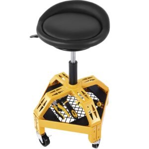 rolling garage stool, 300lbs capacity, adjustable height from 24 in to 28.7 in, mechanic seat with 360 degree swivel wheels and tool tray, for workshop, auto repair shop, yellow