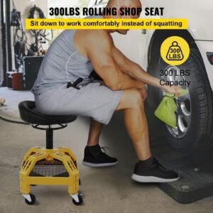 rolling garage stool, 300lbs capacity, adjustable height from 24 in to 28.7 in, mechanic seat with 360 degree swivel wheels and tool tray, for workshop, auto repair shop, yellow