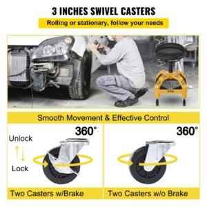 rolling garage stool, 300lbs capacity, adjustable height from 24 in to 28.7 in, mechanic seat with 360 degree swivel wheels and tool tray, for workshop, auto repair shop, yellow