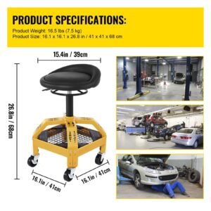 rolling garage stool, 300lbs capacity, adjustable height from 24 in to 28.7 in, mechanic seat with 360 degree swivel wheels and tool tray, for workshop, auto repair shop, yellow