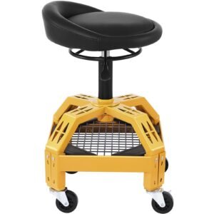 rolling garage stool, 300lbs capacity, adjustable height from 24 in to 28.7 in, mechanic seat with 360 degree swivel wheels and tool tray, for workshop, auto repair shop, yellow