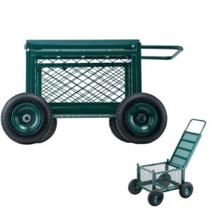Rolling Garden Cart with Seat, Metal Rolling Garden Work Seat with Wheels, Supports up to 400 LBS, Heavy Duty Gardening Cart Scooter, Outdoor Wagon & Stool on Wheels for Lawn, Patio, Backyard