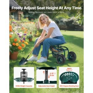 rolling garden cart with swivel seat heavy duty garden seat with storage basket tool tray 300 lbs weight capacity outdoor utility gardening stool scooter for lawn yard planting weeding 3.jpg