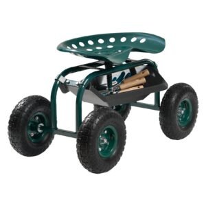 Rolling Garden Cart with Swivel Seat, Heavy Duty Garden Seat with Storage Basket & Tool Tray, 300 lbs Weight Capacity, Outdoor Utility Gardening Stool Scooter for Lawn Yard Planting Weeding