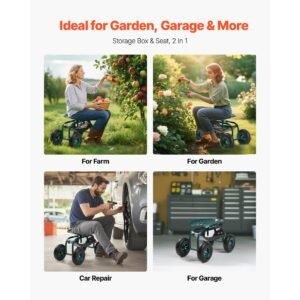 rolling garden cart with swivel seat heavy duty garden seat with storage basket tool tray 300 lbs weight capacity outdoor utility gardening stool scooter for lawn yard planting weeding 4.jpg