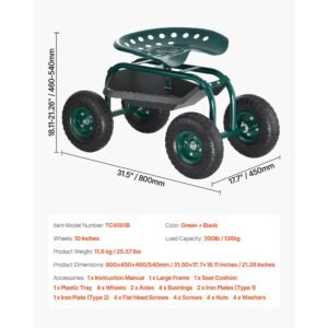 rolling garden cart with swivel seat heavy duty garden seat with storage basket tool tray 300 lbs weight capacity outdoor utility gardening stool scooter for lawn yard planting weeding 5.jpg
