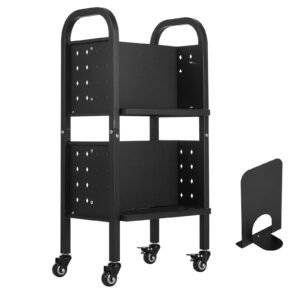 Rolling Library Book Cart, 150 lbs Capacity, 17.7 x 13.0 x 34.6-Inch Library Cart, Double Sided L-Shaped Shelves with 2-Inch Lockable Wheels, Book Truck for Home Shelves Office and School, Black