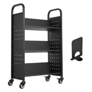 Rolling Library Book Cart, 330 lbs Capacity, 30.3 x 15 x 48.0-Inch Library Cart, Single Sided V-Shaped Shelves with 3-Inch Lockable Wheels, Book Truck for Home Shelves Office and School, Black