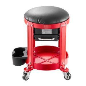 Rolling Mechanic Stool with Wheels, 300 lbs Capacity Garage Seat/Work Stool, Padded Roller Creeper Seat with Fixed Height, Tool Tray and 2 Drawers, for Garage, Shop & Auto Repair, Red+Black
