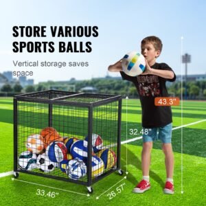 Rolling Sports Ball Storage Cart, Basketball Cage with Double Lids, Sport Equipment Holder Organizer for Indoor Outdoor, Steel Storage Rack for Garages, Playgroup, Gym and Schools