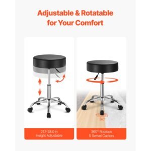 rolling stool with wheels 450 lbs weight capacity round rolling stool chair height adjustable thickened pu leather swivel stool for salon spa massage tattoo clinic black 3.jpg