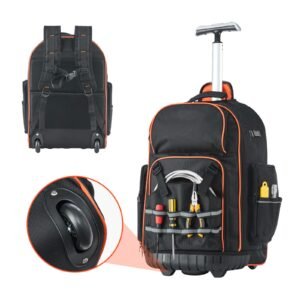 Rolling Tool Backpack, 110 lbs Load Capacity, 72 Pockets Heavy Duty Roller Tool Bag on Wheels, Adjustable Telescoping Handle & Stable Base, Toolbag Organizers for Construction, Mechanic