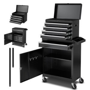 Rolling Tool Chest, 2-in-1 Design, 5 Drawers Tool Cabinet Organizer with Detachable Top Metal Toolbox, Lock Bar, Protective Liner, and Tools Rack, Garage Storage Cabinet for Warehouse, Workshop