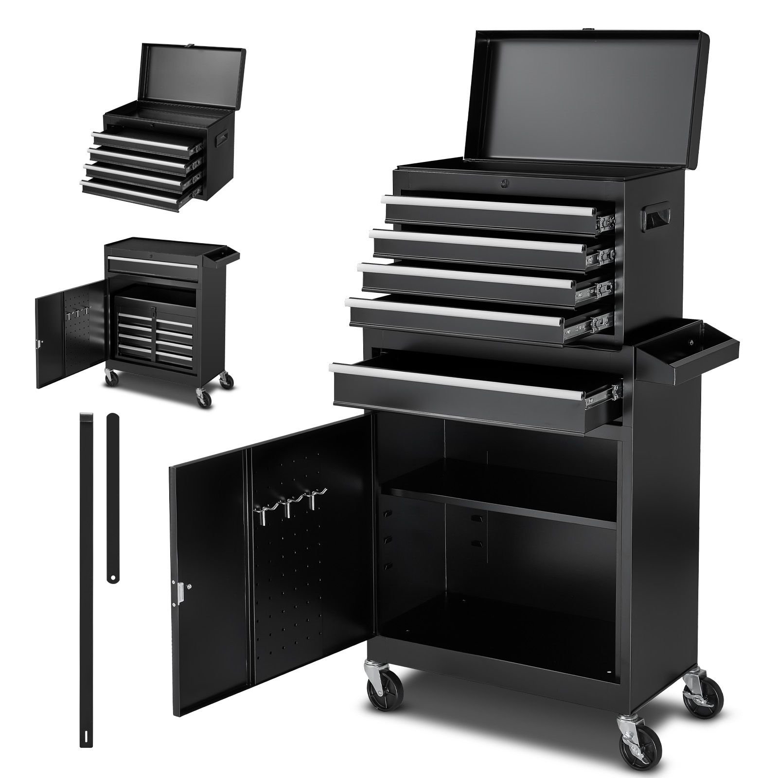 rolling tool chest, 2 in 1 design, 5 drawers tool cabinet organizer with detachable top metal toolbox, lock bar, protective liner, and tools rack, garage storage cabinet for warehouse, workshop