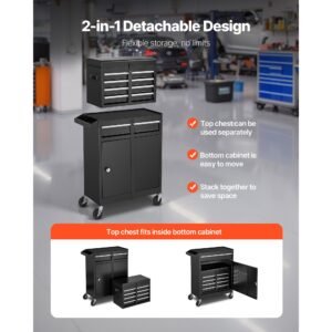 rolling tool chest, 2 in 1 design, 5 drawers tool cabinet organizer with detachable top metal toolbox, lock bar, protective liner, and tools rack, garage storage cabinet for warehouse, workshop