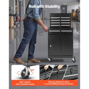rolling tool chest, 2 in 1 design, 5 drawers tool cabinet organizer with detachable top metal toolbox, lock bar, protective liner, and tools rack, garage storage cabinet for warehouse, workshop
