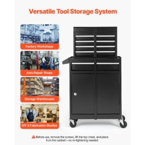 rolling tool chest, 2 in 1 design, 5 drawers tool cabinet organizer with detachable top metal toolbox, lock bar, protective liner, and tools rack, garage storage cabinet for warehouse, workshop