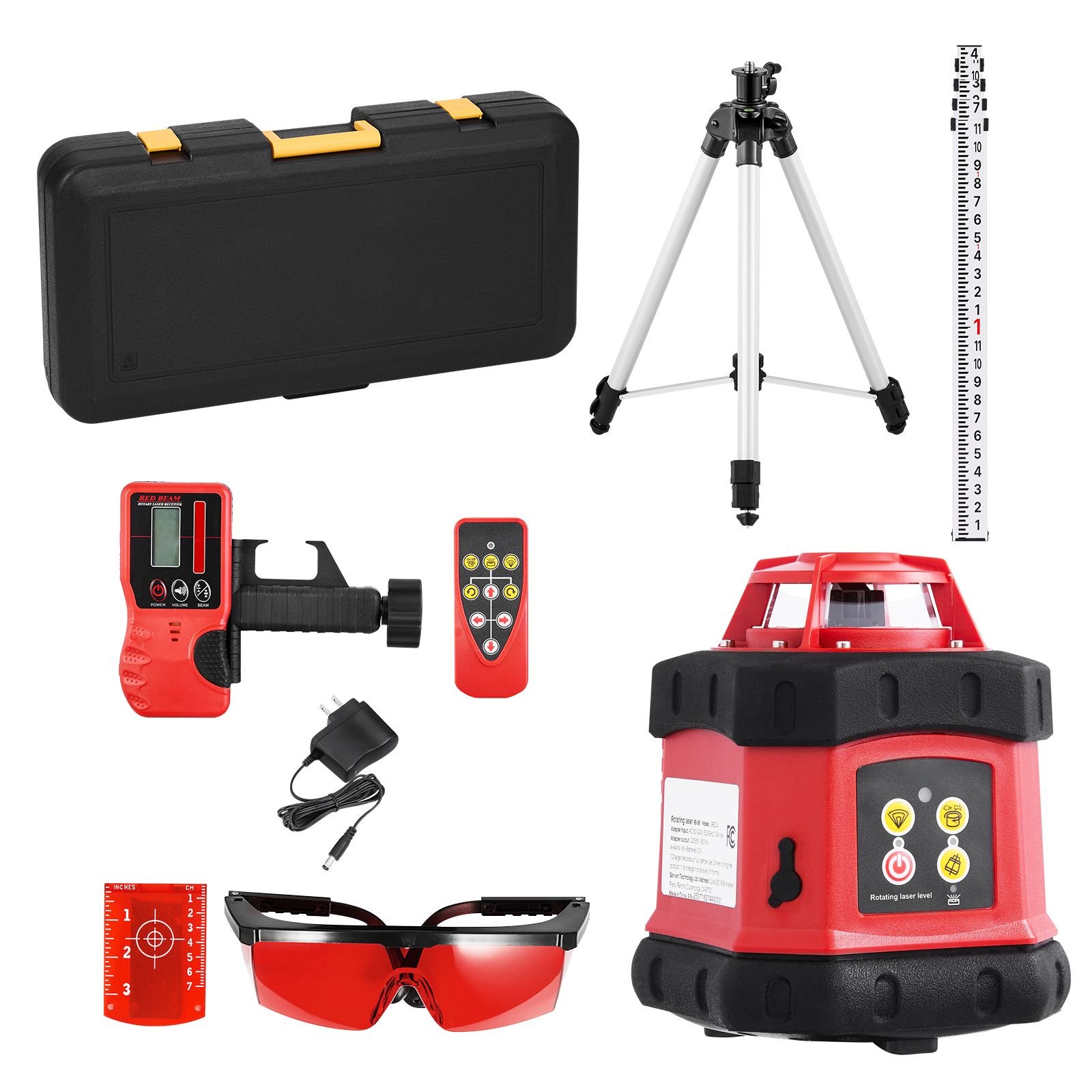 rotary laser level kit, 984ft 360 degree self leveling red horizontal laser transit,with tripod,receiver,remote control, scale, toolcase, ip54 waterproof, 0.12in/100ft precision for construction