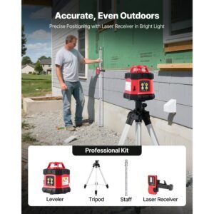 rotary laser level kit, 984ft 360 degree self leveling red horizontal laser transit,with tripod,receiver,remote control, scale, toolcase, ip54 waterproof, 0.12in/100ft precision for construction