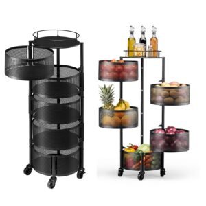 Rotating Storage Rack Cart, 5 Tier Fruit and Vegetable Basket Bowls, Heavy Duty Wire Basket Organizer on Wheels, Large Capacity Stand with Metal Top Lid, for Kitchen Bathroom Nursery, Black