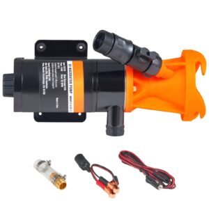 RV Portable Macerator Pump, 12V, 12GMP Quick Release RV Waste Pump, RV Sewage Sewer Pump with Detachable Quick Connection Valve Metal Hose Clamp Power Cord, for RV Boat Marine Motorhome Camper