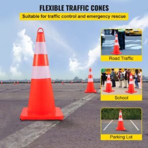 Safety Cones, 12 x 28" Traffic Cones, PVC Orange Construction Cones, 2 Reflective Collars Traffic Cones with Weighted Base and Hand-Held Ring Used for Traffic Control, Driveway Road Parking