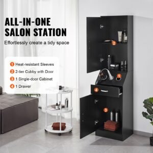 salon organizer station unit for hair professionals equipped with 3 holders for hair dryers storage spaces and a single drawer in black 1.jpg