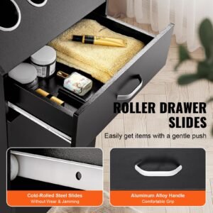 salon organizer station unit for hair professionals equipped with 3 holders for hair dryers storage spaces and a single drawer in black 4.jpg