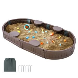 Sandbox with Cover, 72 x 41.5 x 9.1 in Oval Sand Box, HDPE Sand Pit with 4 Corner Seating and Bottom Liner, Kids Sandbox for Outdoor Backyard, Beach, Park, Gift for Boys Girls Ages 3-12, Brown