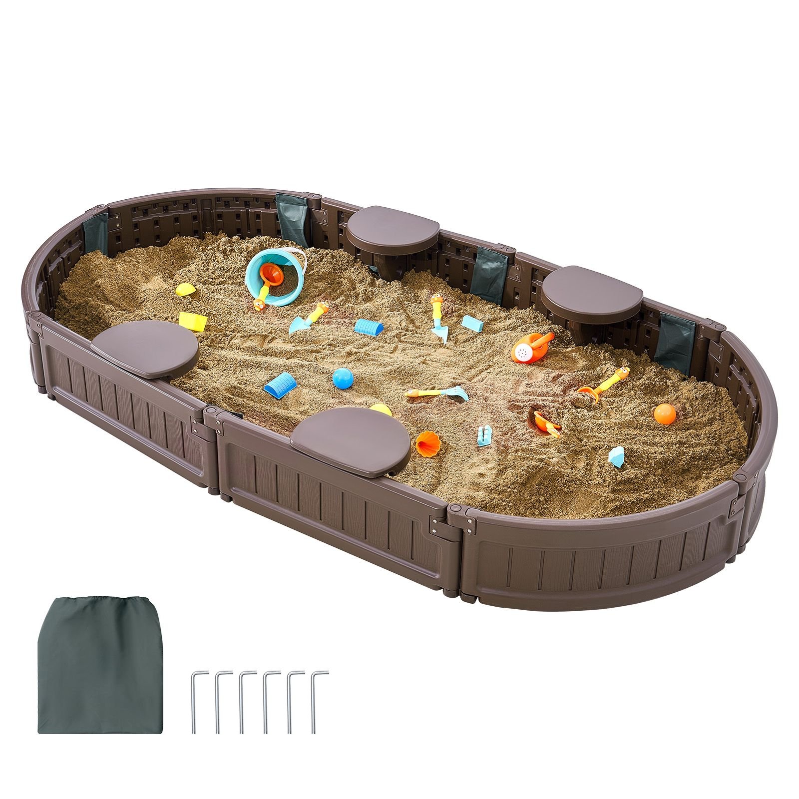 sandbox with cover, 72 x 41.5 x 9.1 in oval sand box, hdpe sand pit with 4 corner seating and bottom liner, kids sandbox for outdoor backyard, beach, park, gift for boys girls ages 3 12, brown