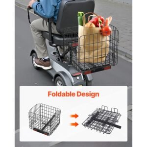 scooter rear basket, folding metal wire basket, heavy duty & spacious cargo basket, works with 1 inch receiver, compatible with most golden, drive & pride mobility scooter