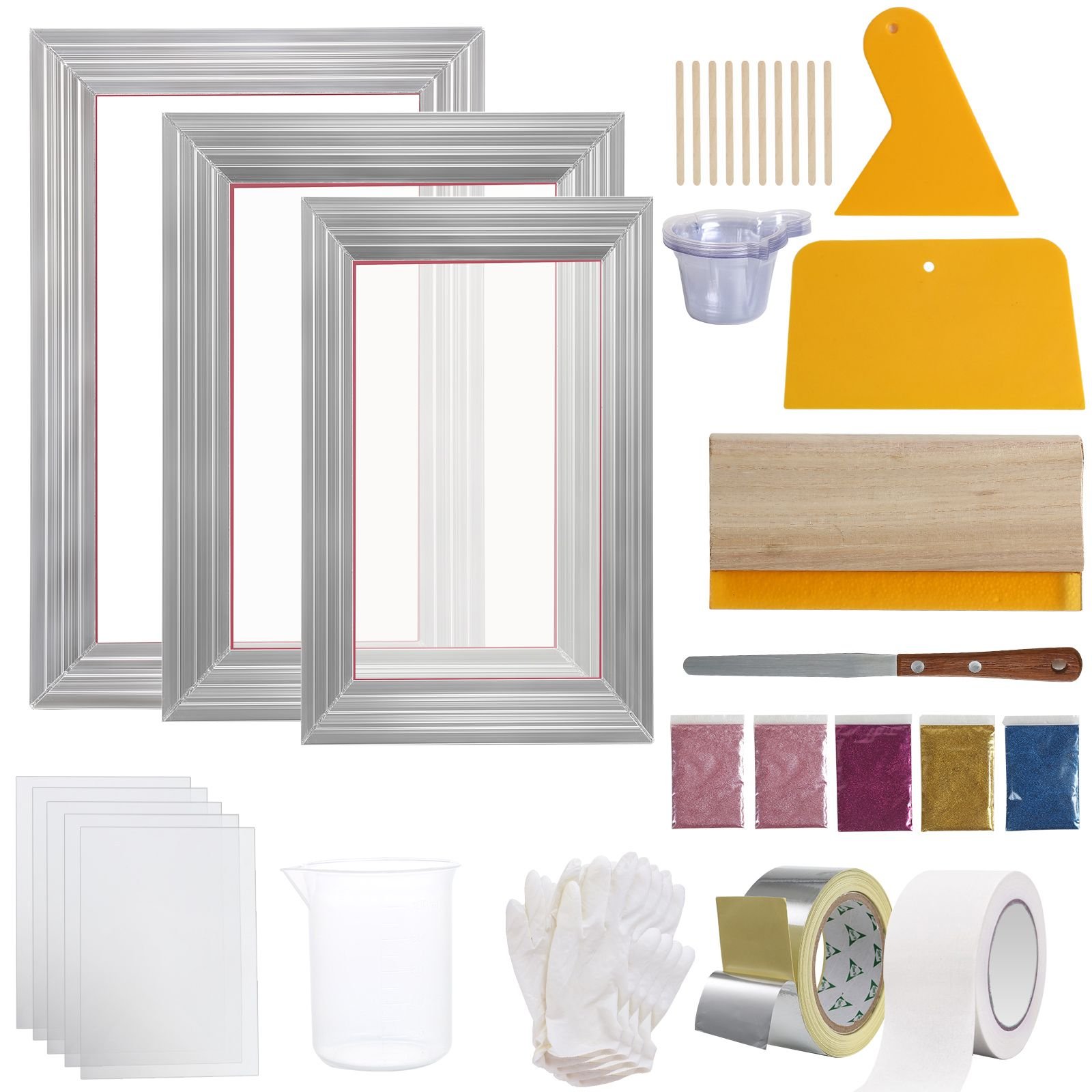 screen printing kit 3 pcs aluminum silk screen printing frames 5 glitters and screen printing squeegees and transparency films 6x108x1210x14inch 110 count mesh for diy t shirts printing.jpg