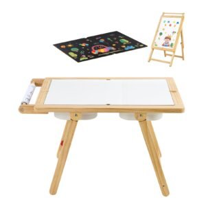 Sensory Table for Toddlers, Wooden Kids Activity Table and Art Easel with Reversible Double-Sided Board, Storage Bins, for Boys and Girls Playing Sand and Water, Drawing, Studying, Dining