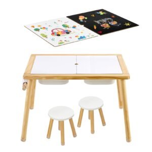 sensory table for toddlers wooden kids activity table with 2 stools double sided board storage bins and non slip feet for boys and girls playing sand and water drawing studying dining.jpg