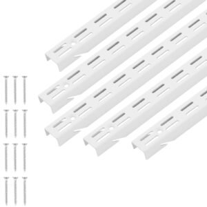 Shelf Pilaster, 60-inch 5 Pack, Dual Track Upright Wall Shelving System, Heavy Duty Support System Twin Slot Shelf Rails, 25 Screws, Suitable for Cabinet Closet Organization Storage, Silver