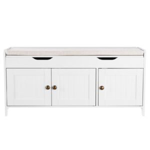 Shoe Bench, 41.3 x 13.8 x 19.8 Inch Entryway Bench with Lift Top Storage and Seat Cushion, 250lbs Shoe Rack with 3 Cabinets and Height Adjustable Shelf, for Bedroom, Hallway, White + Black