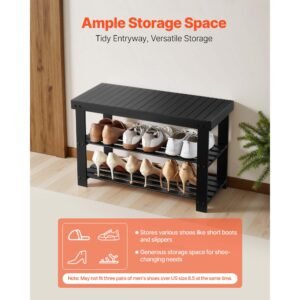 shoe rack bench, 3 tier bamboo entryway bench, shoe storage organizer holds up to 286 lbs, 27.6 x 11.3 x 17.8 inches, for front door, hallway, living room, bedroom, black