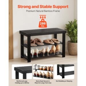 shoe rack bench, 3 tier bamboo entryway bench, shoe storage organizer holds up to 286 lbs, 27.6 x 11.3 x 17.8 inches, for front door, hallway, living room, bedroom, black
