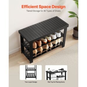 shoe rack bench, 3 tier bamboo entryway bench, shoe storage organizer holds up to 286 lbs, 27.6 x 11.3 x 17.8 inches, for front door, hallway, living room, bedroom, black