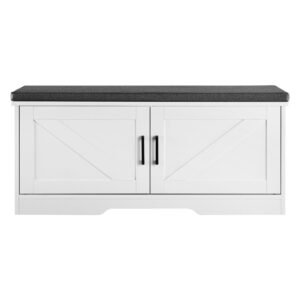 shoe storage bench, 39.4 x 14.0 x 18.1 inch shoe organizer with padded seat cushion, entryway bench with 2 barn doors and height adjustable shelf, for hallway, living room, bedroom, white+black