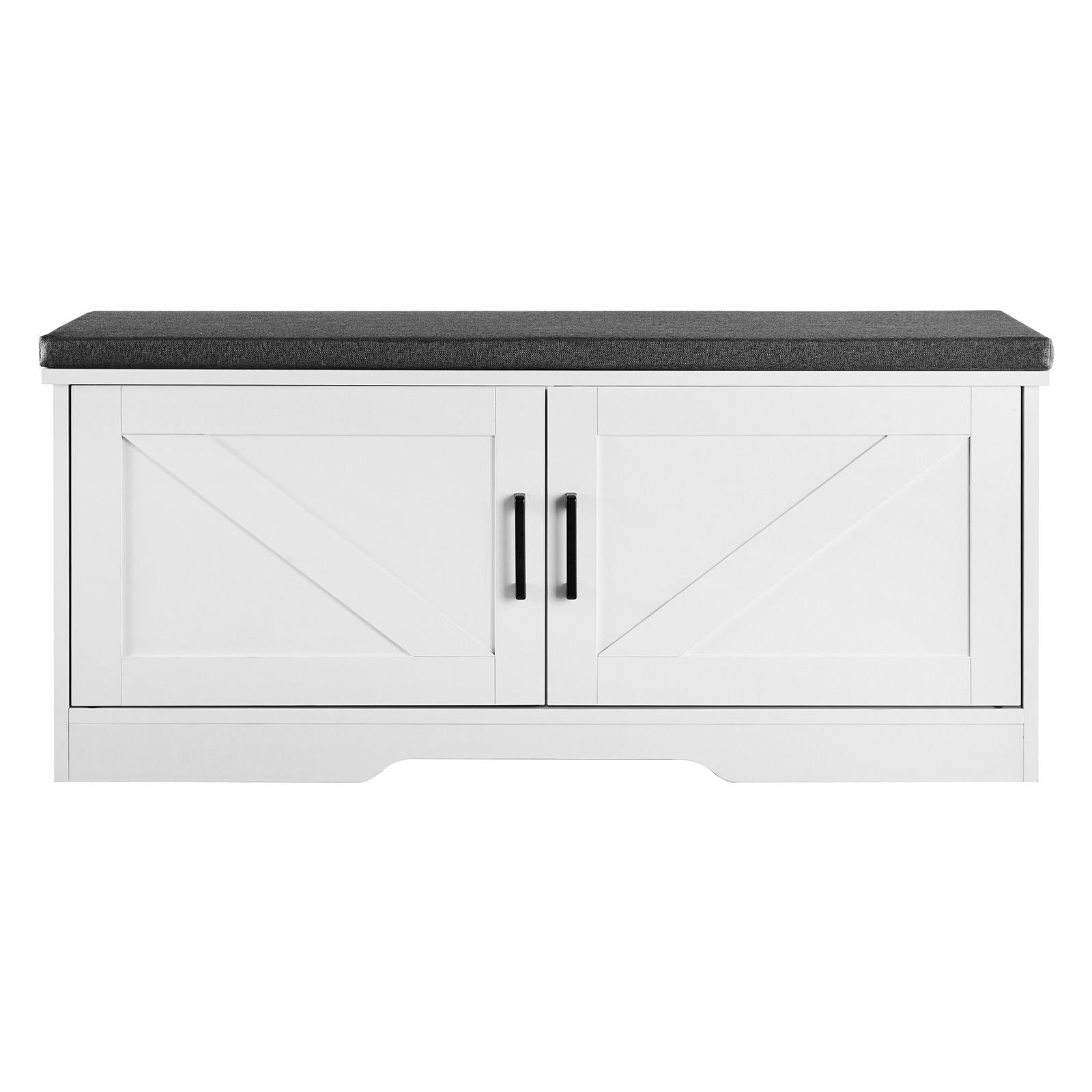 shoe storage bench, 39.4 x 14.0 x 18.1 inch shoe organizer with padded seat cushion, entryway bench with 2 barn doors and height adjustable shelf, for hallway, living room, bedroom, white+black