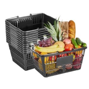 Shopping Baskets, 12 PCS, 21L Stackable PE Plastic Grocery Baskets with Handles, Dense Mesh Structure, Holds up to 20 lbs, Portable for Grocery, Retail, Stores, Supermarket, Home Use, Black