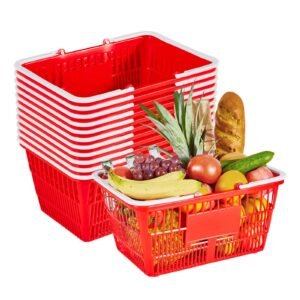 Shopping Baskets, 12 PCS, 21L Stackable PE Plastic Grocery Baskets with Handles, Dense Mesh Structure, Holds up to 20 lbs, Portable for Grocery, Retail, Stores, Supermarket, Home Use, Red