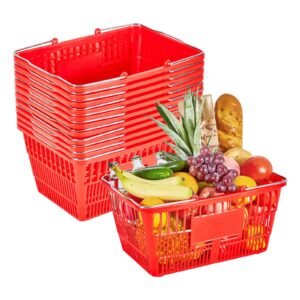 Shopping Baskets, 12 PCS, 21L Stackable PE Plastic Grocery Baskets with Metal Handles, Dense Mesh Structure, Holds up to 20 lbs, Portable for Grocery, Retail, Stores, Supermarket, Home Use, Red