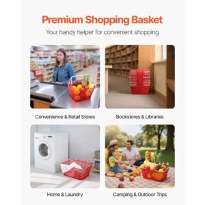 Shopping Baskets, 12 PCS, 22L Stackable Metal Grocery Baskets with Handles, Dense Mesh Structure, Holds up to 44 lbs, Portable for Grocery, Retail, Stores, Supermarket, Bookstore, Home Use, Red