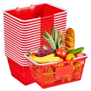 Shopping Baskets, 20 PCS, 21L Stackable PE Plastic Grocery Baskets with Handles, Dense Mesh Structure, Holds up to 20 lbs, Portable for Grocery, Retail, Stores, Supermarket, Home Use, Red
