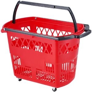 Shopping Baskets, 6PCS, 39L Shopping Carts with Handles, Plastic Rolling Shopping Basket with Wheels, Large Portable Shopping Basket Set for Supermarkets, Retail Stores, Grocery Shopping, Red